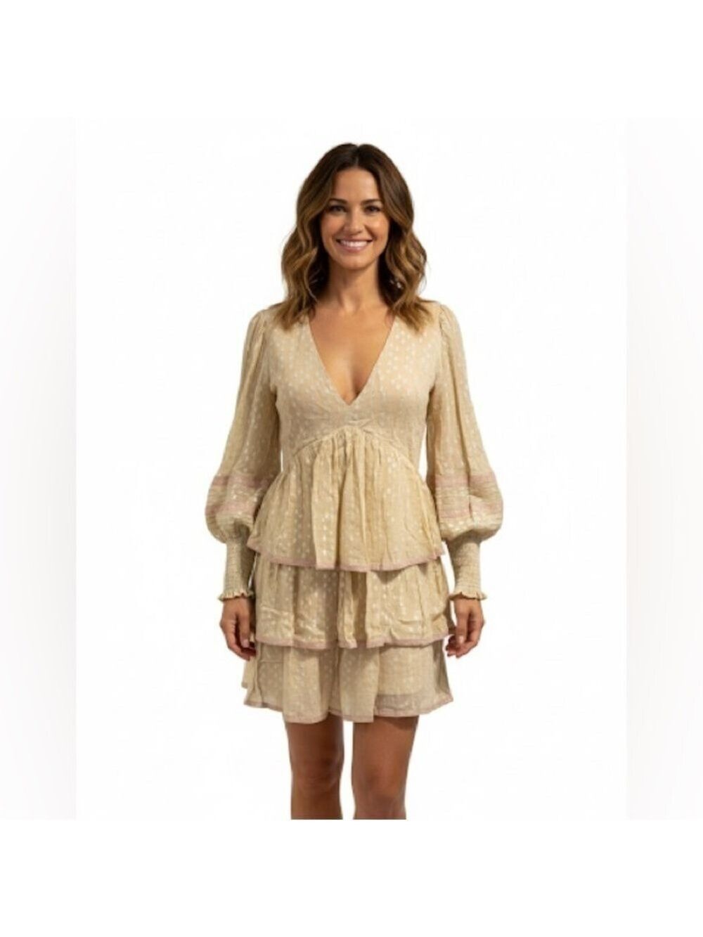 Saltwater LUXE Champagne and Silver Layered/Ruffled Babydoll Dress - size s - Picture 1 of 4